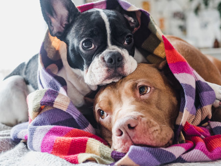 Cute puppy and adorable dog lying near the window. Clear, sunny day. Close up, indoors. Studio shot....