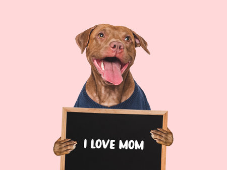 Cute dog and sign with love words for Mom. Closeup, indoors. Studio shot. Congratulations for...