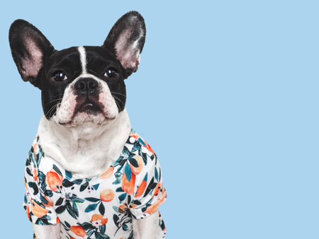 Sweet puppy and bright Hawaiian shirt. Travel preparation and planning. Closeup, indoors. Studio shot, isolated background. Vacation, travel and tourism concept. Pets careの写真素材