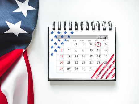 Happy Independence Day. American flag and calendar with the date of July 4th. Calendar marking....