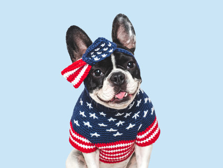 Cute puppy, bow and American Flag. Dog smile. Closeup, indoors. Studio shot. Congratulations for family, loved ones, relatives, friends and colleagues. Beauty and fashion concept. Pets careの写真素材