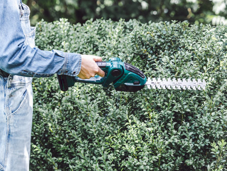 Woman, work clothes and hedge trimmer. Close up, outdoors.の写真素材