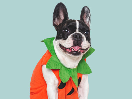 Happy Halloween. Charming puppy and Halloween costume. Dog smile. Closeup, indoors. Studio shot. Congratulations for family, relatives, loved ones, friends and colleagues. Pet care conceptの写真素材
