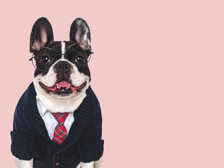 Cute puppy, white shirt and red tie. Dog smile. Close-up, isolated background. Studio shot, day light. Concept of care, education, obedience training and raising of petsの写真素材