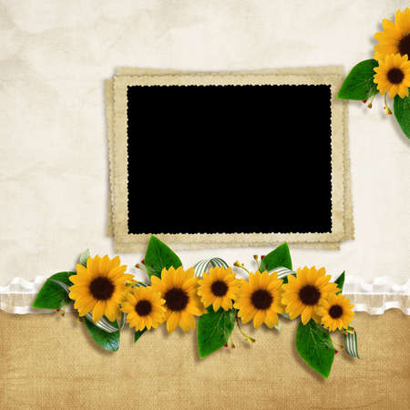 Card for the holiday with autumn leaves and flowers on the abstract backgroundの写真素材