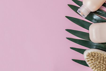 On a pink background with green leaves, a body brush, peach soap and shower gel. Body care. Spa home conceptの写真素材