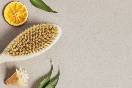 Spa house concept. On a gray background, a body brush, sliced in circles an orange, a candle in the form of a flower and a seashellの写真素材