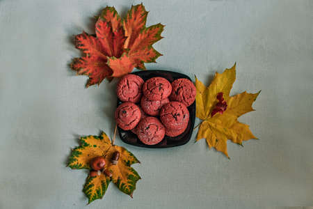 Cranberry cookies in a black plate with colorful autumn leaves on a blue background. Autumn concept. Top viewの写真素材