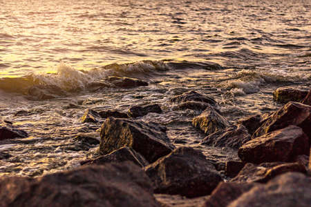 Rocky coast of the Gulf of Finland at sunset. Romantic evening. Summer.