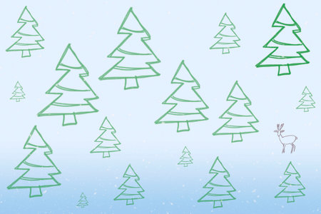 Green Christmas trees and a deer are depicted on a blue snow background. Illustrationの写真素材