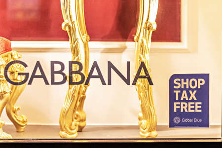 Moscow Russia-December 2019: New year shop Windows, street Christmas decoration of a branded store.のeditorial素材