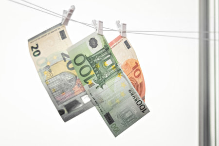 A paper Euro banknotes hangs on a rope with a clothespin on the background of the window.