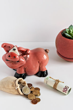 Euro coins falling out of burlap and rolled paper bills on a white background with a piggy bank and...