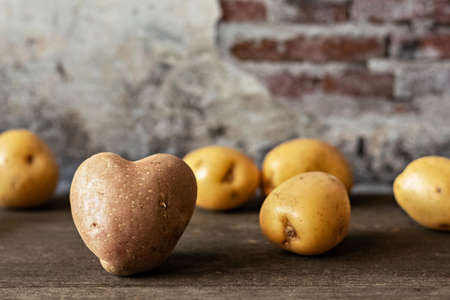 Heart shaped red potato among sprinkled white potatoes in on vintage background.の写真素材