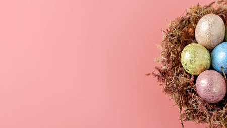 Easter eggs in a natural nest with moss on a pink background. View from above.の写真素材