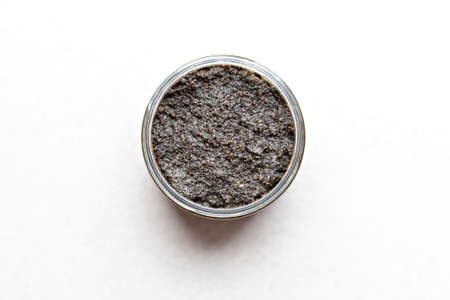 Body scrub made from natural ingredients in a jar. Handmade cosmetics. Home spaの写真素材
