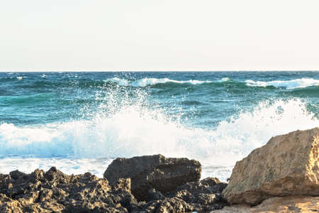 The coast of the Mediterranean Sea. The waves. The horizon. Sky and sea in summer.の写真素材