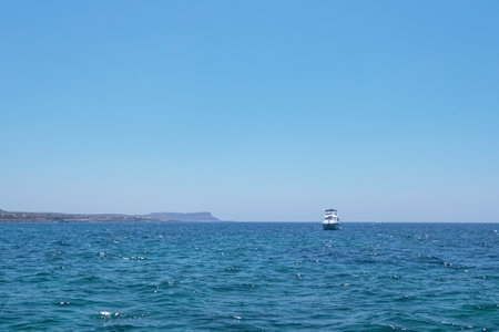 The coast of the Mediterranean Sea. The waves. The horizon. Sky and sea in summer.の写真素材