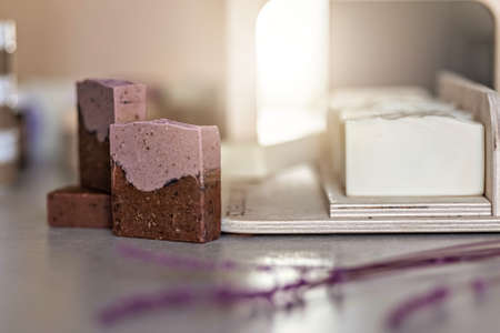Layout and packaging of fresh prepared handmade soap and cosmetics for body skin care. Home spa. Small business.の写真素材