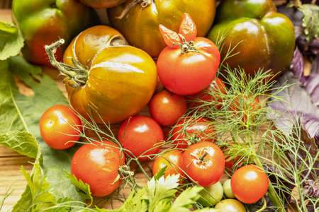 Ripe vegetables with herbs on a wooden background.Harvest from the gardenの写真素材