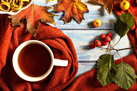 Autumn composition, a cup of hot tea, a warm terracotta scarf, fallen leaves, small apples and drying on the background of a blue wooden table. Flat lay.の写真素材