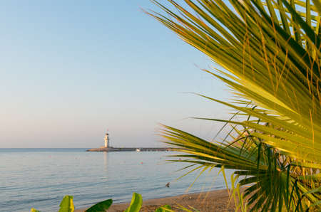 Lighthouse in the port of Alanya overlooking the beach in Turkey framed by a fernの写真素材