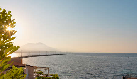 Empty ship pier at sunrise in the port of Alanya, Turkeyの写真素材