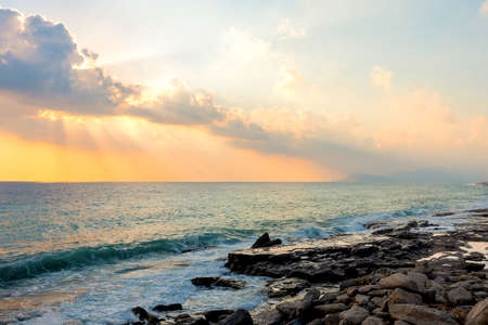 Coastline of the Mediterranean Sea in sunny Mahmutlar at sunset, Turkeyの写真素材
