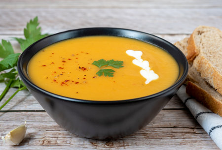 Vegan pumpkin puree soup with pepper and yogurt in a bowl.の写真素材