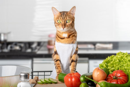 A cat in an apron prepares a vegetable salad in the home kitchen.の写真素材