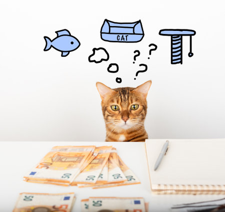 Euro cash on the table, domestic cat thinking what to buy in a pet store for money.の写真素材