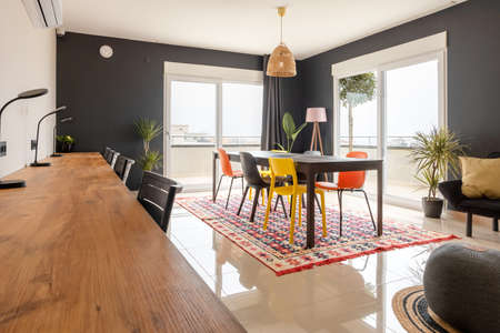 Modern office interior with furniture. Style, design and concept of a workplace in a coworking...