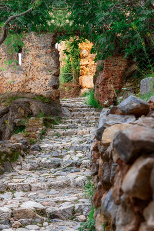 Stone steps in the old Turkish city on a hill in Alanya, Turkey.のeditorial素材