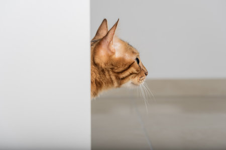 A red cat with green eyes peeks through the open door. copyspace.の写真素材