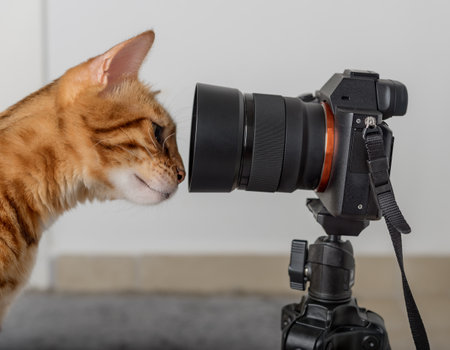 A ginger cat looks into the lens of a SLR camera on a tripod.の写真素材