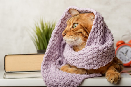 Domestic cat on a bedside table with a scarf, autumn leaves and books. Pets, seasons, lifestyle, cozy autumn weekend, cold weather concept.の写真素材