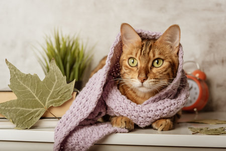 Domestic cat on a bedside table with a scarf, autumn leaves and books. Pets, seasons, lifestyle, cozy autumn weekend, cold weather concept.の写真素材