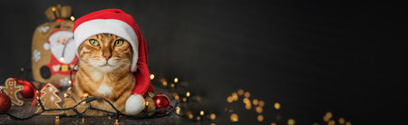 A ginger domestic cat sits in a New Years hat on a dark background with Christmas tree lights and decorations. christmas card. copyspace.の写真素材