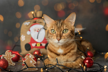 A ginger domestic cat sits on a dark background with Christmas tree lights and decorations. christmas card.の写真素材