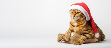 Bengal cat with a bag of gifts isolated. Christmas and New Year concept. Cat in a hat. Christmas decor, Christmas tree decoration. copyspace.の写真素材