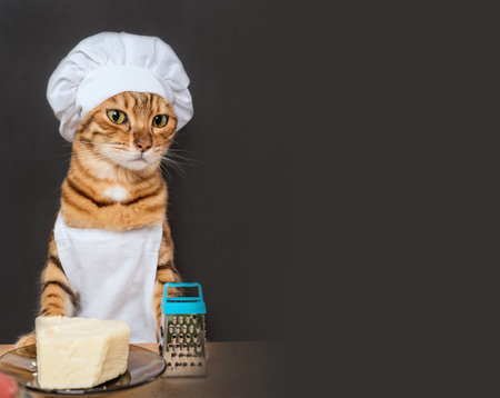 Bengal cat cook with a grater and cheese on a dark background. copyspace.の写真素材