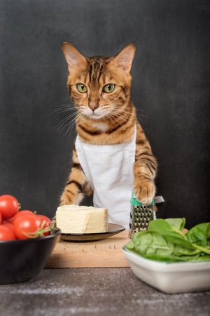 Bengal cat cook with a grater and cheese on a dark background.の写真素材