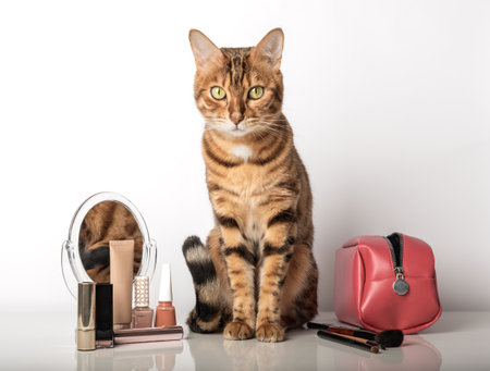 Adorable Bengal cat with make-up cosmetics and a mirror on a white background.の写真素材