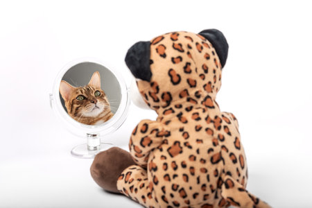 Plush toy leopard looks in the mirror and sees the face of a cat on a white background.の写真素材