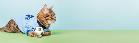 A red cat lies with a ball on a blue-green background. Funny cat is a football player. copyspace.の写真素材