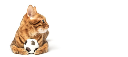 Bengal cat plays with a toy soccer ball isolated on a white background. cat toys. The cat is a football player. football game.の写真素材