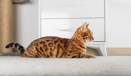 Charming red cat lies on the floor in the room. copyspace.