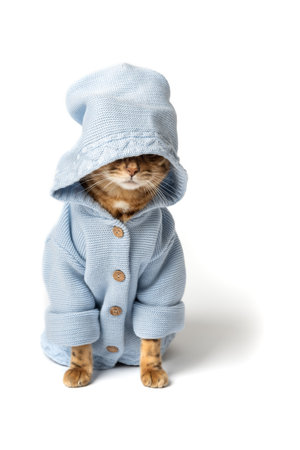 Funny Bengal cat in clothes on a white background.の写真素材