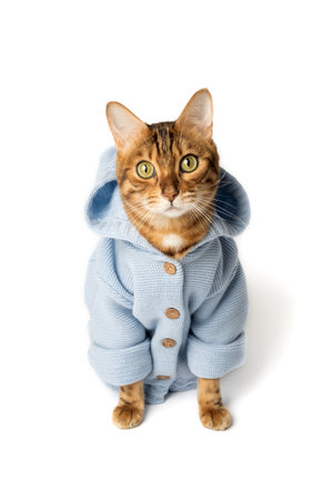 Funny Bengal cat in clothes on a white background.の写真素材