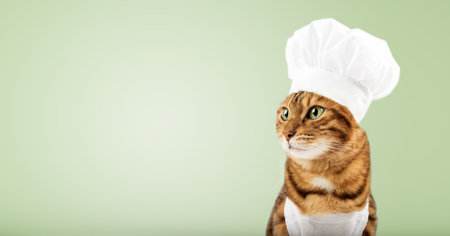 A cute red cat and a white chefs hat. Isolated on a colored background. studio photo. Tasty and healthy food conceptの写真素材
